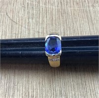 Sterling Gold Tone Ring/Blue Oval Stone & CZ’s