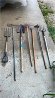 Yard and garden tools: pitchfork, hand, tiller,