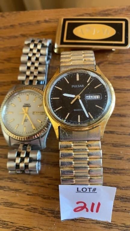 Men’s Pulsar and Timex wristwatches and money