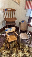 Wood high chair, wicker rocker and toddler