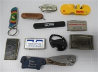 Assortment of folding knives and money clips some