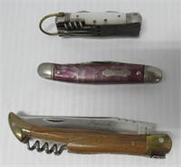 (3) Folding knives. Marked: France, USA, (1) has