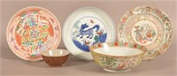 Five Chinese Export Porcelain Plates and Bowls.
