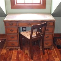 VINTAGE DESK (W/ GLASS) & CHAIR (W/ STORAGE)>>>>