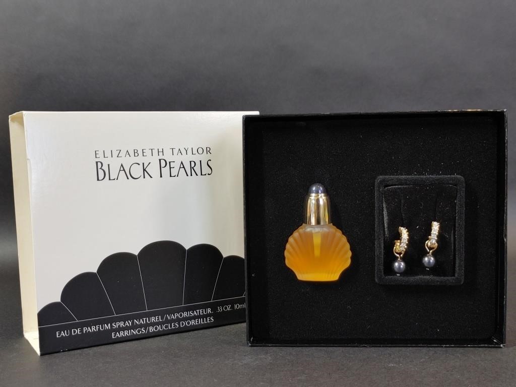 Black Pearls Elizabeth Taylor Parfum and Earrings