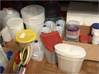 Lot of plastic jugs and containers and lids.