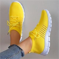 Woman's Yellow Striped Lace-Up Front Sport Shoes