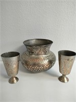 Hand Carved in Metal bowl and 2 cups