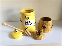 LOT 2 HONEY Yellow Ceramic Bee Themed Jars