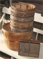 (8) assorted peach baskets & divided wooden box