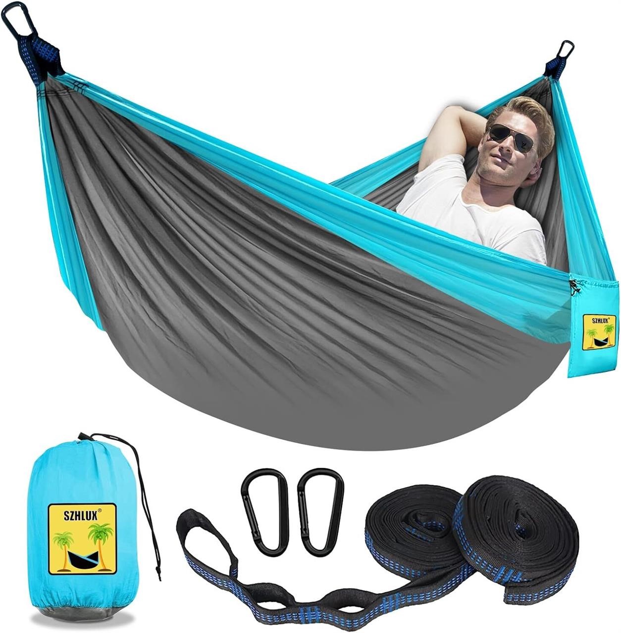 SZHLUX Camping Hammock w/ Straps  Light Grey/Blue.