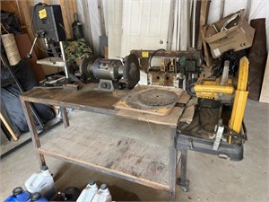 Steel Work Table  W/ saw, grinder & press