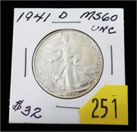 1941-D Walking Liberty half dollar, Unc.