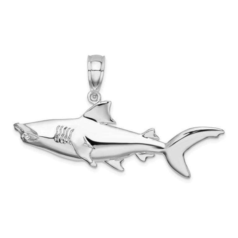 Sterling Silver Rhodium-Plated 3D Shark Pendant
