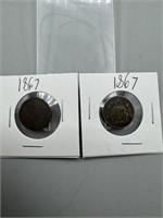 (Times 2) 1867 Shield Nickel 5 Cent Piece