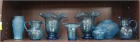 8pcs 1800's Handblown Vases, Pitchers, Blue Swirl