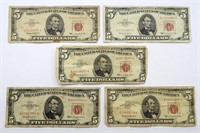 (5) 1953 $5 RED SEAL U.S. NOTE