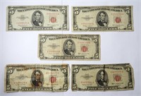 (5) 1953 $5 RED SEAL U.S. NOTE