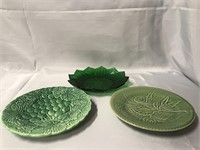 3- 8 INCH GREEN GLASS DISHES FROM AROUND THE