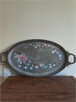 Silver plate tray with painted floral design.