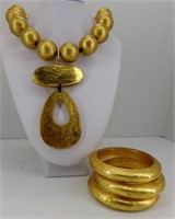 Gold Round Bead Necklace with 3 Bangles