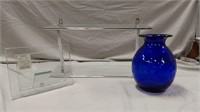 Glass shelf, glass frame & colbalt blue glass vase