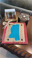 2 sets of coasters and Mississippi wood burlap