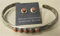 Vtg NA Sterling Silver & Coral Bracelet & Earrings