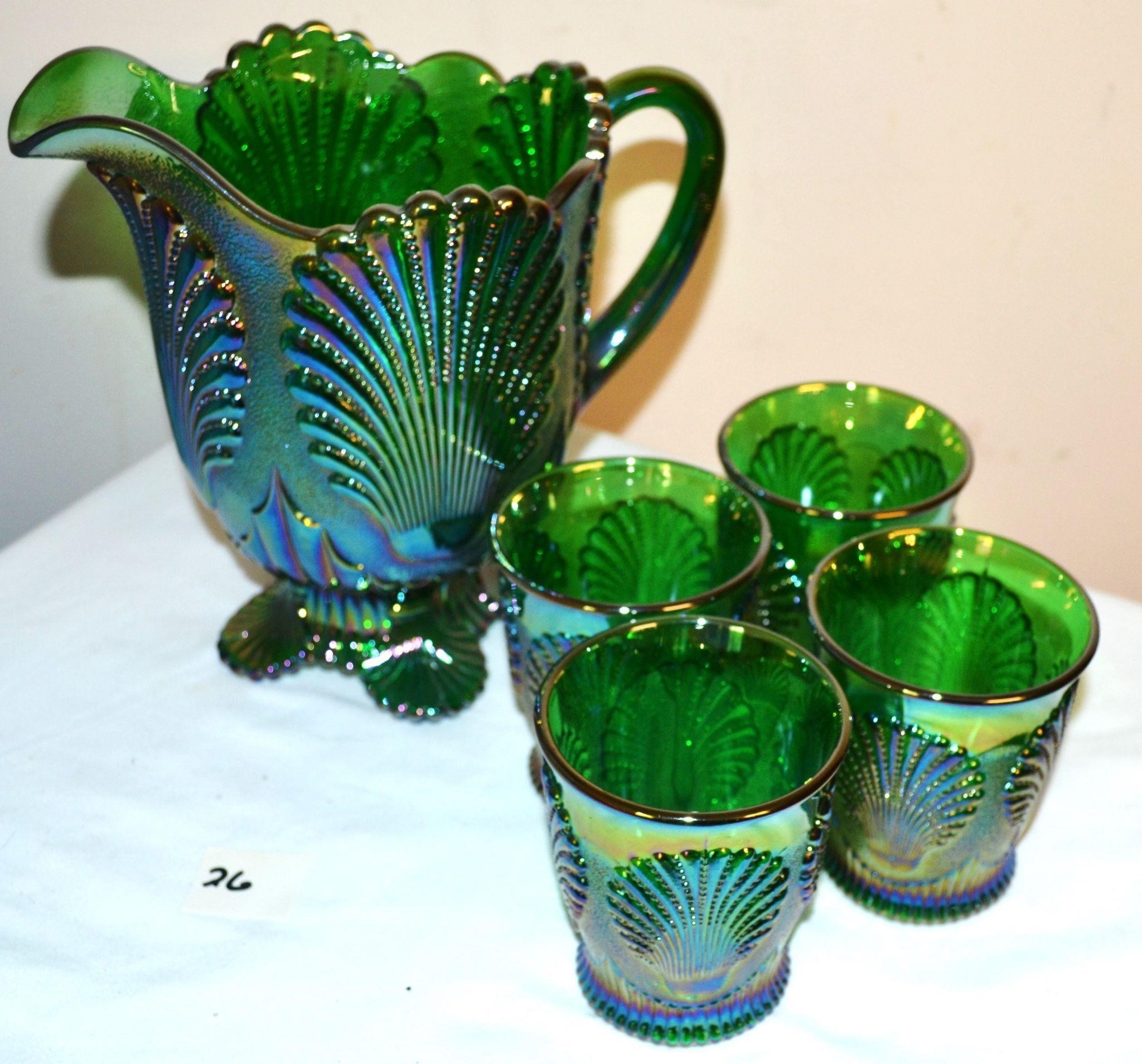 Gorgeous Mosser green Carnival Glass Beverage Set