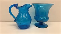 2 blue hand blown vintage vases,one crackle glass