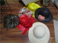 4 Vintage Hats, 1 Wig, 1 Scarf