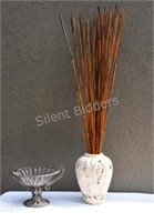 Ceramic Container w Branches,  Metal Display Bowl