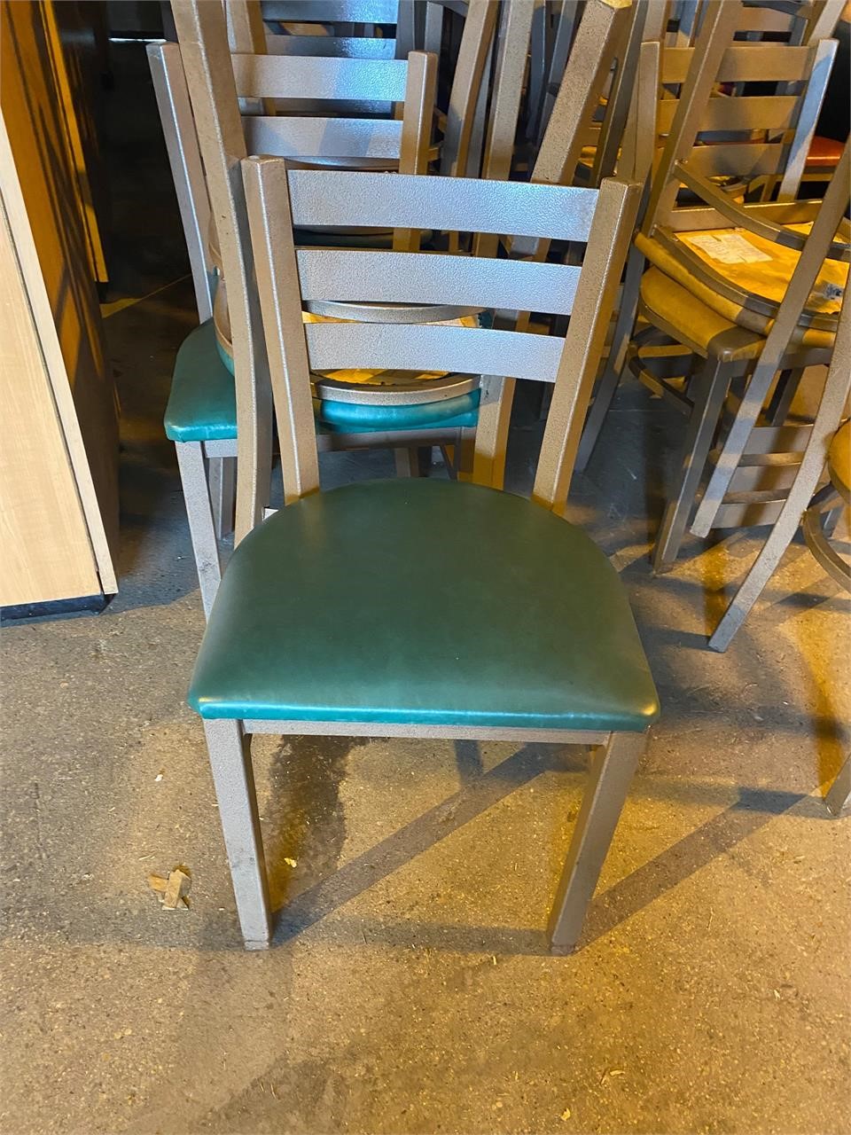 4 green vinyl cushion seat steel frame chair