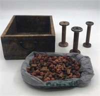 Antique Wooden Box And Spools With A Bag Of Rose