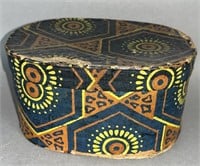 Fine blue wallpaper covered lidded oval box ca.