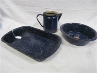 Blue enamel group, coffee pot damaged