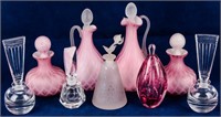Art Deco Perfume Bottles & Pink Satin Vanity Glass