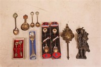 Souvenir spoons, clock pendulum & letter holder