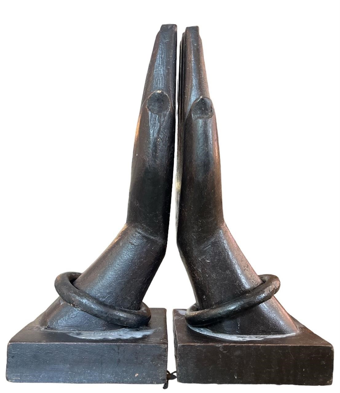 Mid Century Carved Wood Praying Hand Bookends