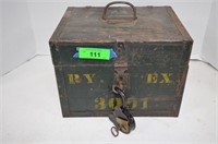 Metal Box, Wood Inside & Antique Lock w/Key