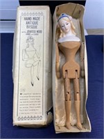 Vintage wooden, and ceramic doll