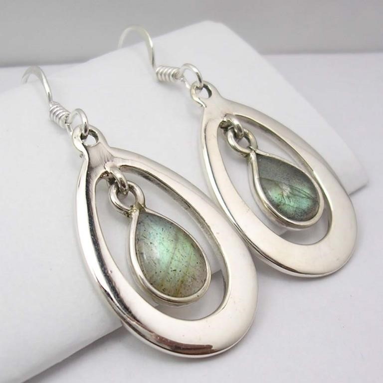 925 Sterling Silver Labradorite Earrings 1.7"