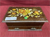 Wooden Jewelry Box with assorted costume jewelry: