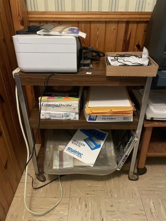 ROLLING CART OF OFFICE SUPPLIES AND PRINTER