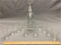 Vintage Etched Pinched Decanter With 10 Glasses