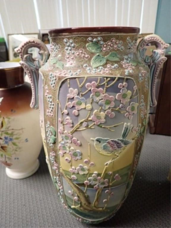 JAPANESE POTTERY BIRD DECORATED VASE 16"