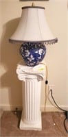 PEDESTAL AND BLUE AND WHITE LAMP