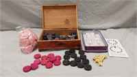 Vtg dominoes, checker pcs, dice & more