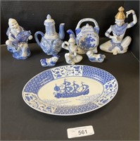 Blue & White Chinese Figures, Tea Pots, Plate.