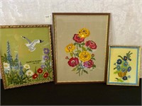 Three Crewel Embroidered Pictures